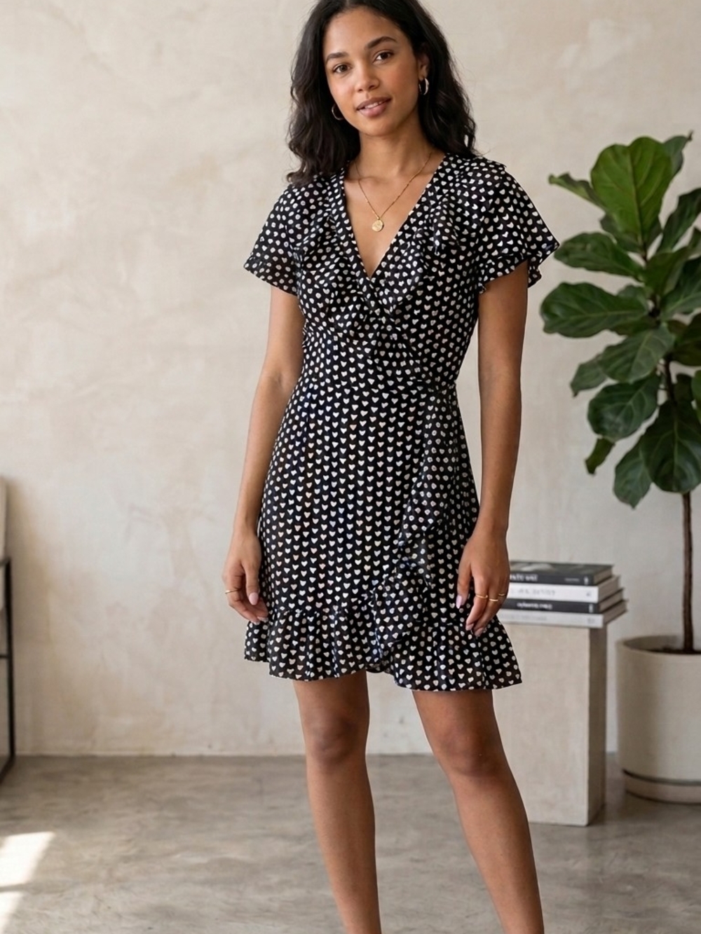 Black Heart-Print Wrap Ruffle Dress